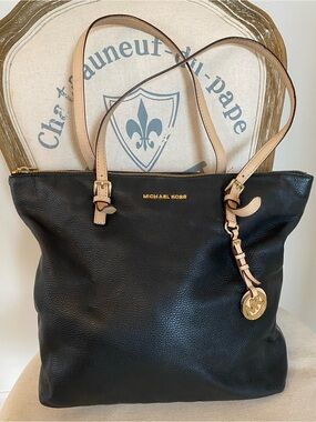 MICHAEL KORS Large Black Pebbled Leather Tote with Tan Straps